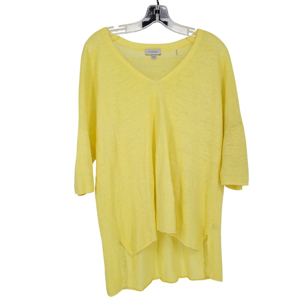 Kinross Linen V-Neck Open Knit Sweater M Yellow High Low Coastal Lagenlook Boho